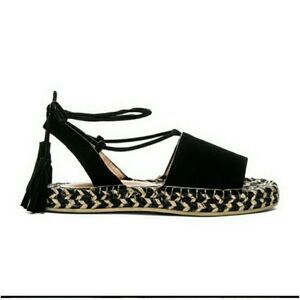 Revole Raye Espadrilles Black Leather Suede Lace up Tassel Detail Size 8.5